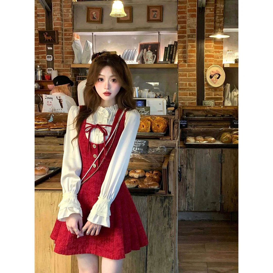 新年红裙显瘦针织法式爆款秋季打底长裙学院风紫色长款内搭白色