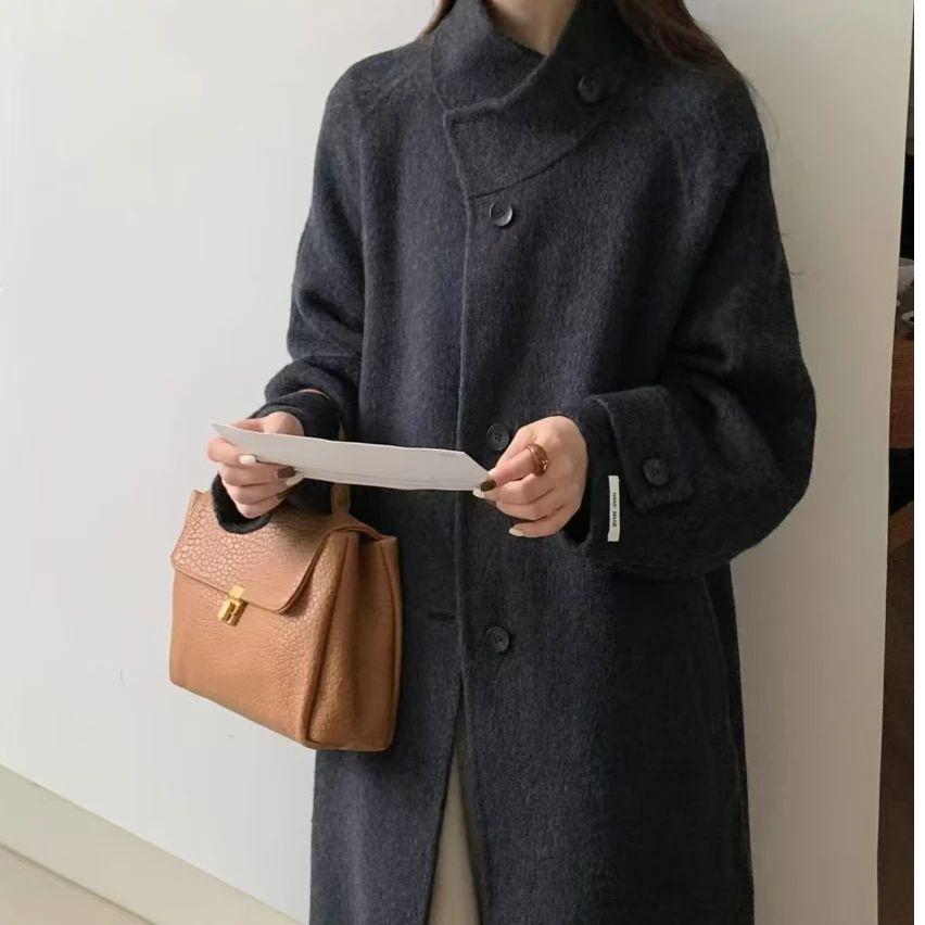 2024设计感长款大衣高个子立领宽松羊毛双面羊毛大衣外套气质8413