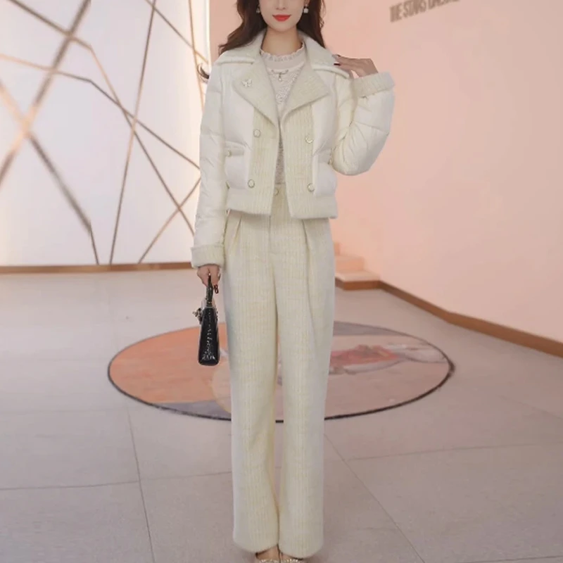 2025秋冬季韩系优雅时尚修身棉服套装女款收腰直筒裤子气质两件套