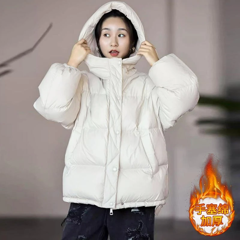 复古文艺保暖加厚面包服2024冬季新款连帽棉服女短款宽松棉袄外套