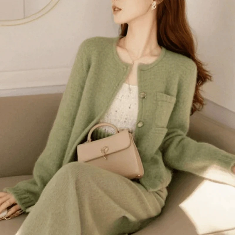 韩版设计感小香风针织外套慵懒风裤子两件套2025年春秋季新款套装