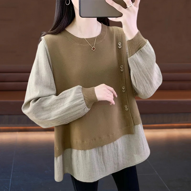2025春秋季新款长袖衬衫女款外穿洋气假两件上衣宽松显瘦大码女装