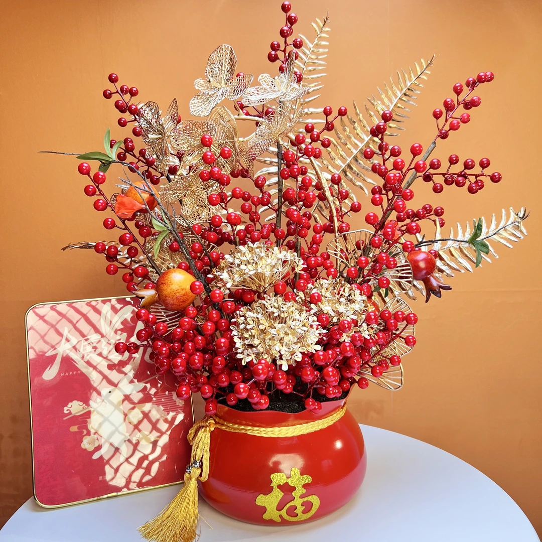 新年桌面装饰品红果发财果假花开业乔迁新居结婚布置福桶喜庆摆件
