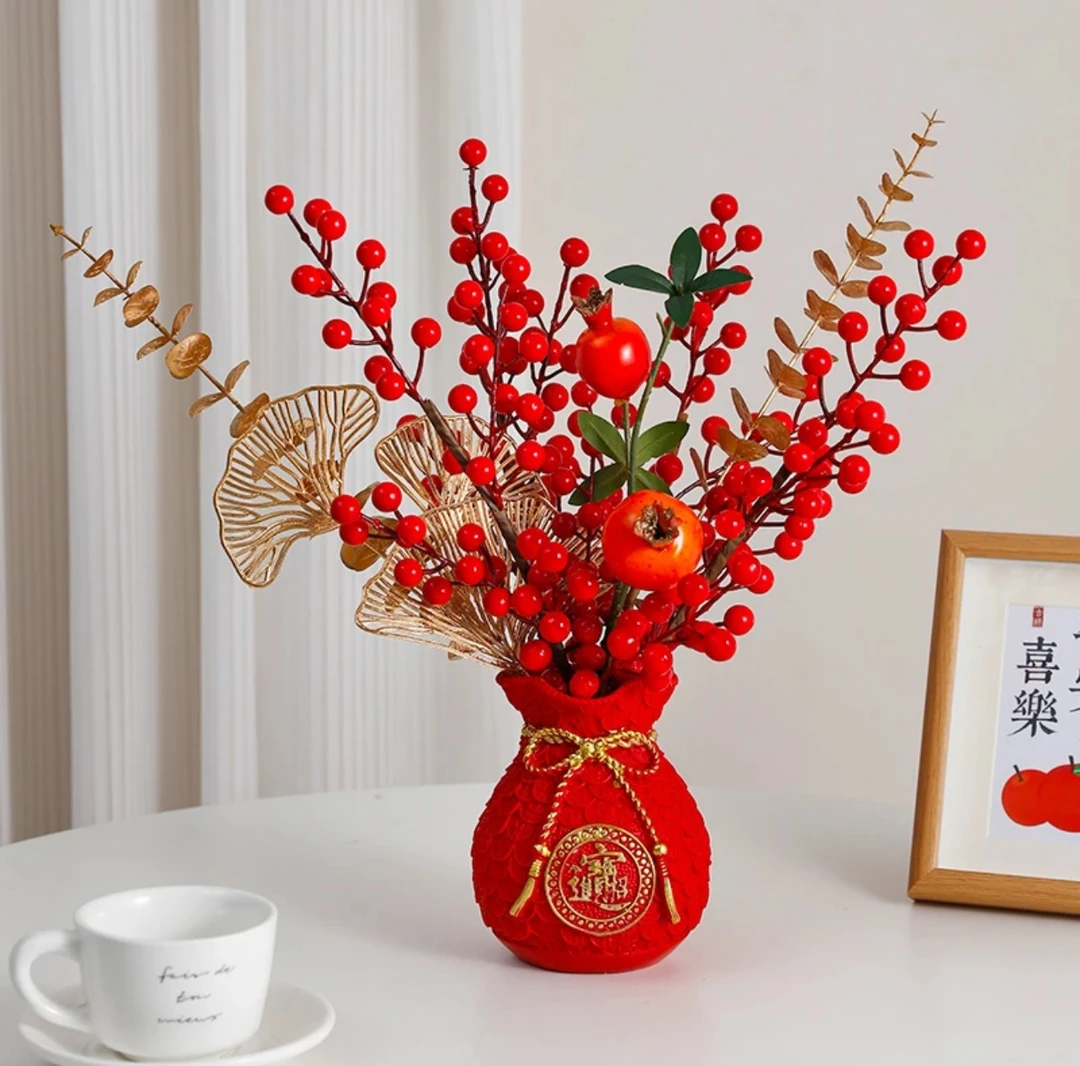 新年钱袋子喜庆石榴红果发发果红果假花仿真花摆设客厅高档