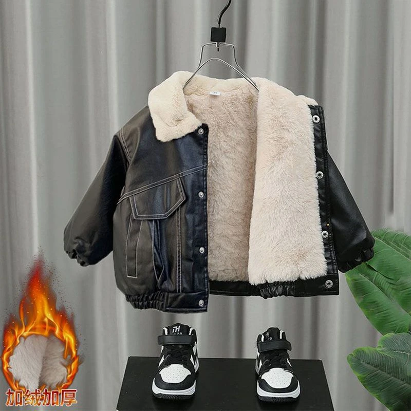 童装男童酷帅皮衣外套24新款洋气宝宝春秋冬装儿童韩范加绒厚夹克