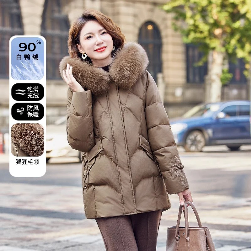 中年妈妈冬季连帽狐狸毛领羽绒服2025新款洋气国风中老年女装外套