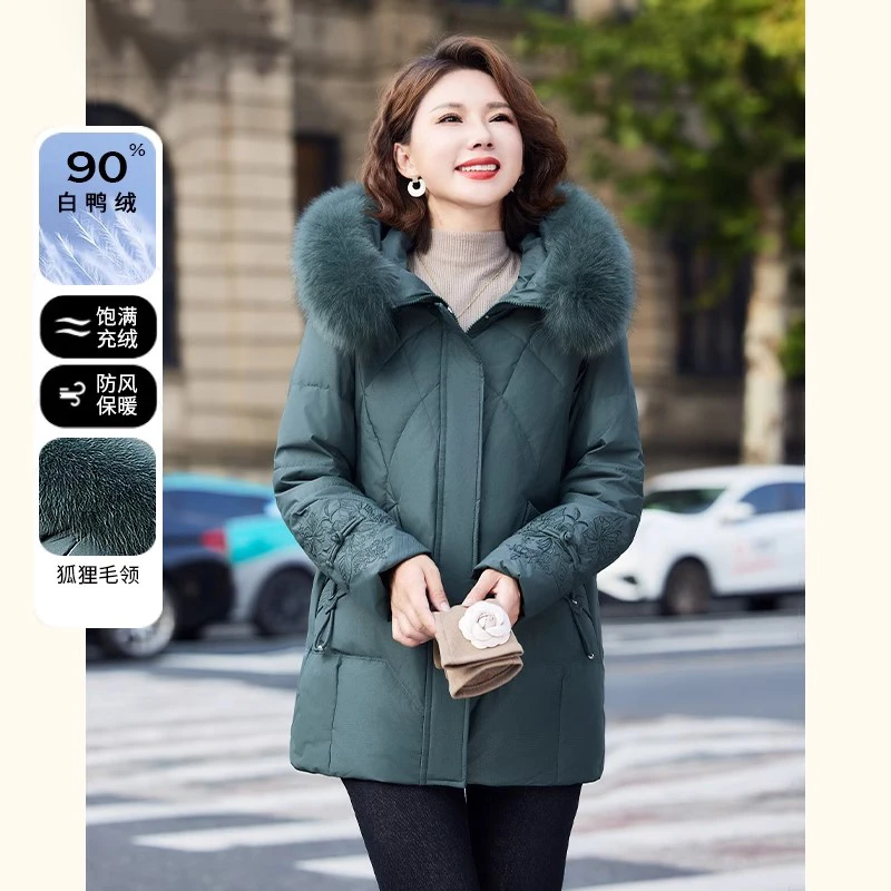 中年妈妈冬装90白鸭绒羽绒服2025新款洋气中老年女装保暖加厚外套
