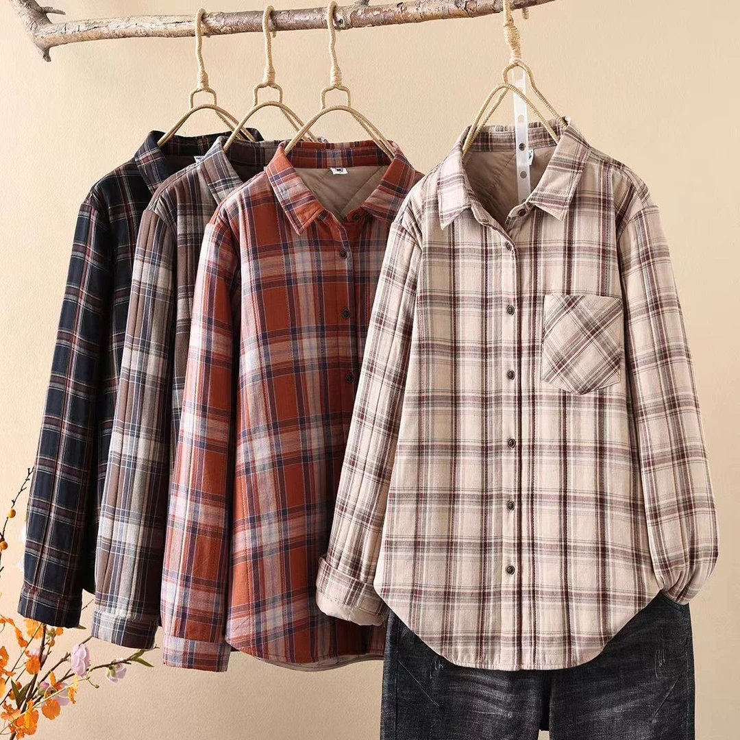 冬季新款绗线夹棉格子衬衫保暖百搭上衣纯棉外套