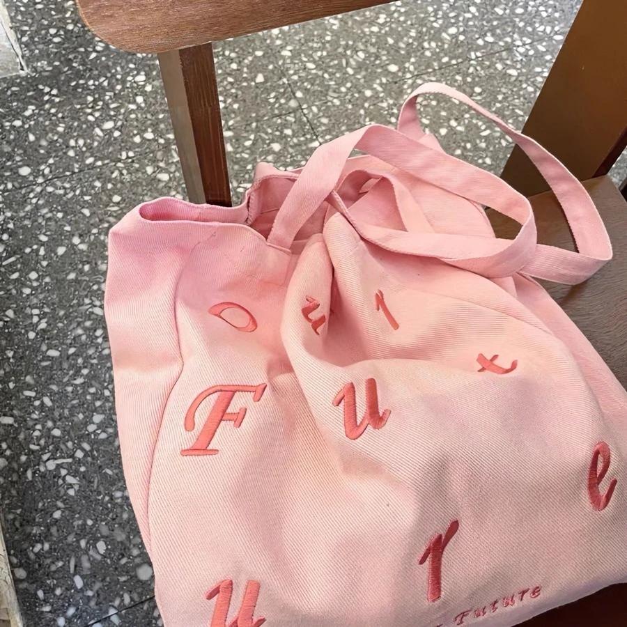 时尚帆布包精致字母刺绣通勤学生单肩大容量托特文艺休闲包袋百搭