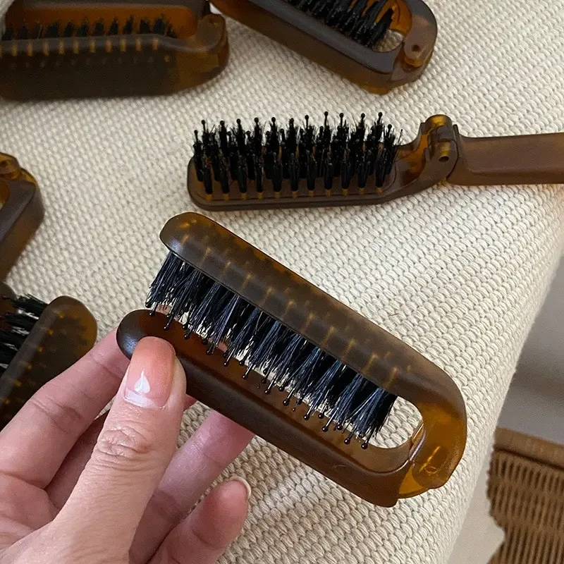 复古蜜蜡琥珀折叠式猪鬃毛梳子便携旅行梳直蓬松两用梳随身小梳子