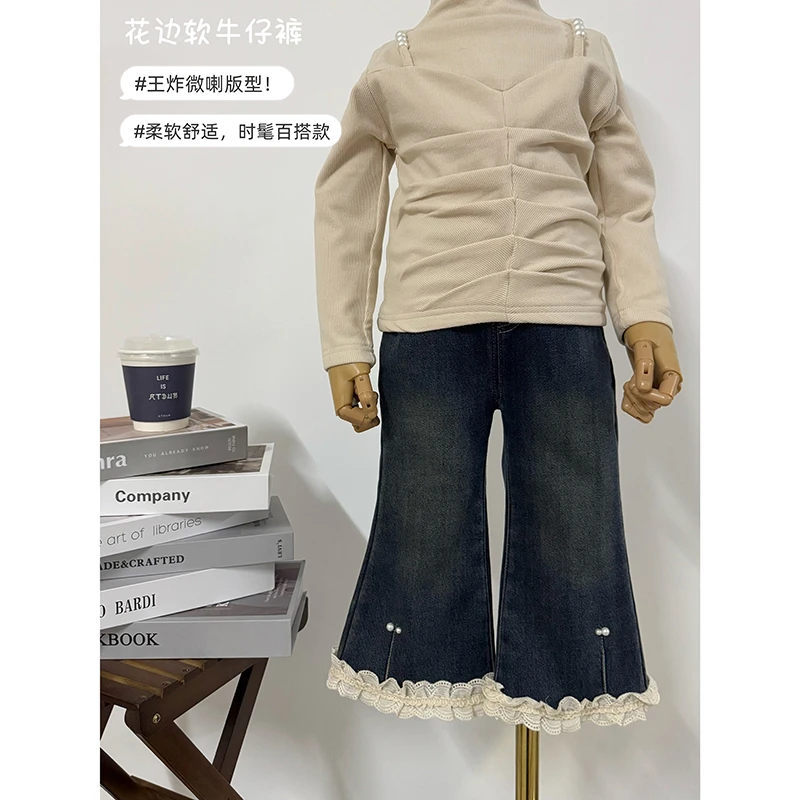 女童洋气2024年冬季新款花边微喇叭牛仔裤女宝宝韩版时髦牛仔裤子