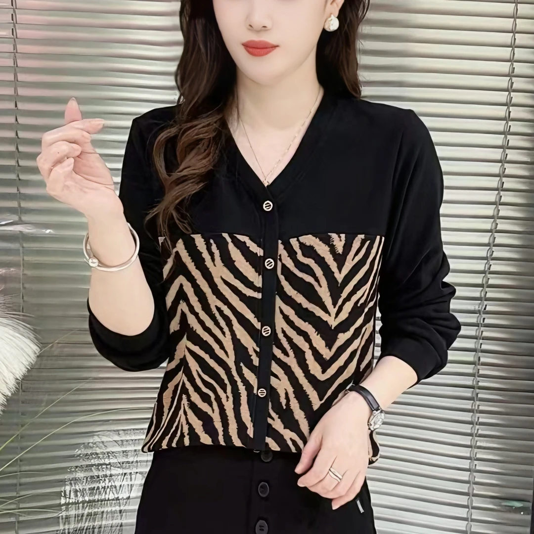 8180春款时尚班纹拼接设计套头假开衫显瘦气质洋气