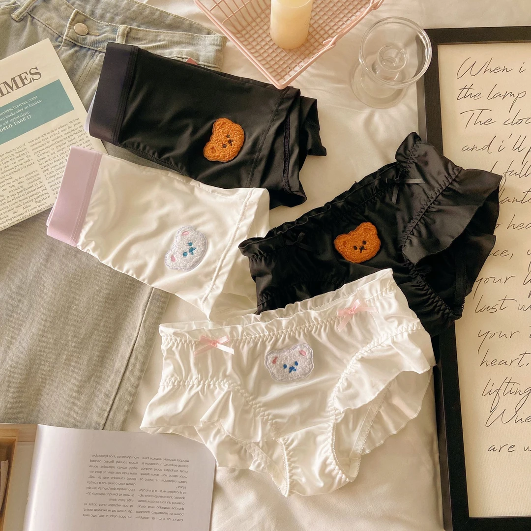 小熊饼干~粉色女士内裤冰丝无痕秋冬宽松大码女士可爱卡通三角裤