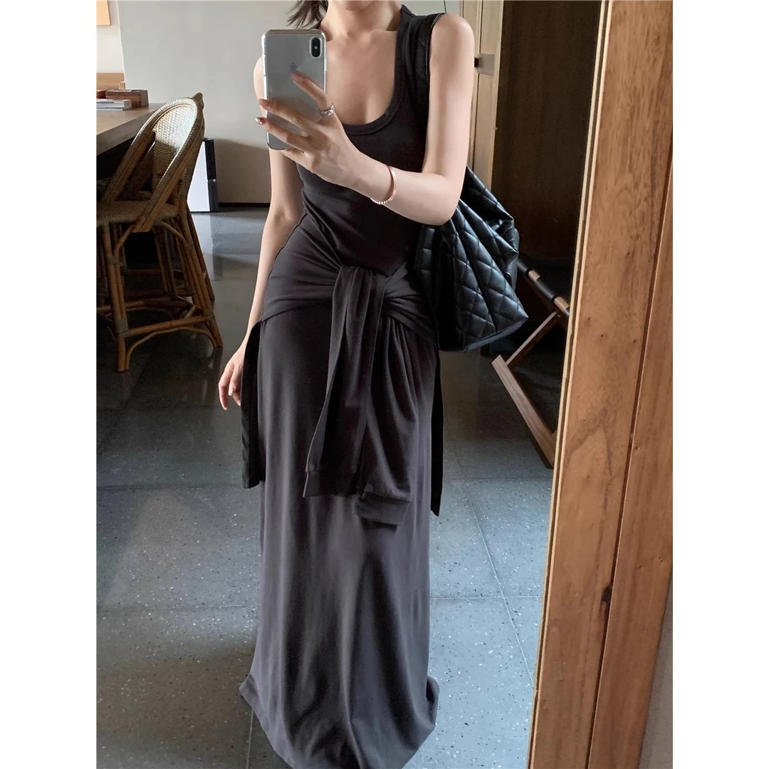 女装夏季灰色假两件绑带连衣裙背心修身气质长裙无袖收腰a字裙子