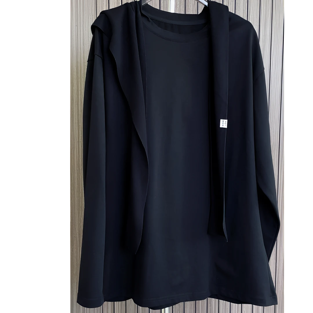 2024新款假两件T恤女设计感小众宽松显瘦带帽带披肩中长款