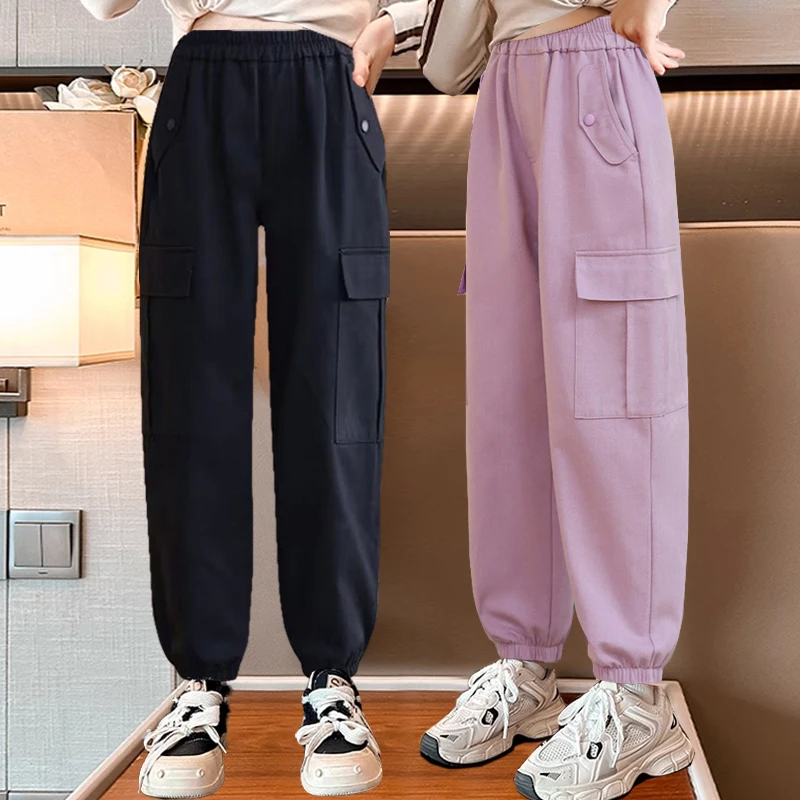 女童裤子春秋款2024新款秋装女大童工装裤儿童宽松秋季束脚运动裤
