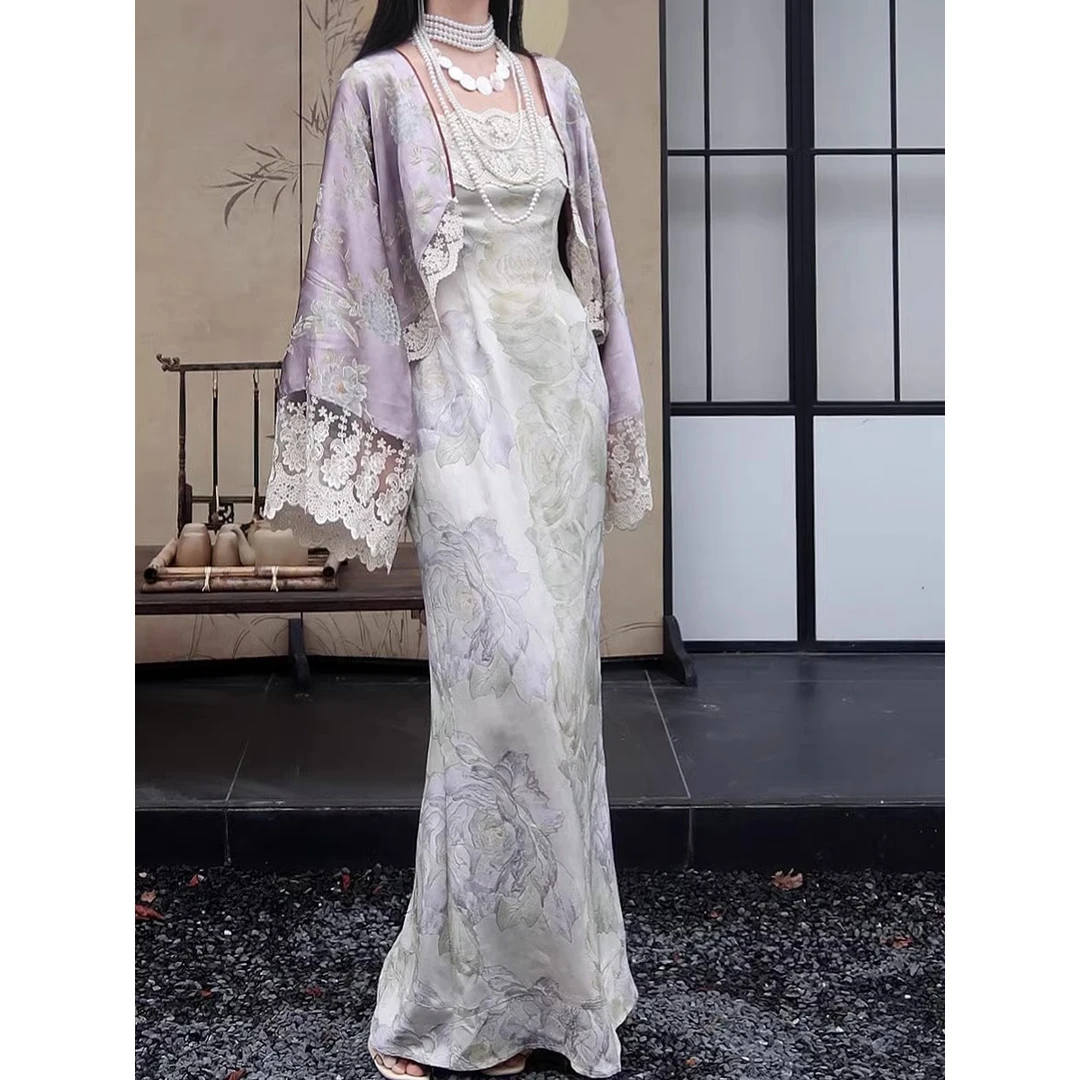 新中式国风清雅老钱风连衣裙蕾丝拼接开衫套装C2L3