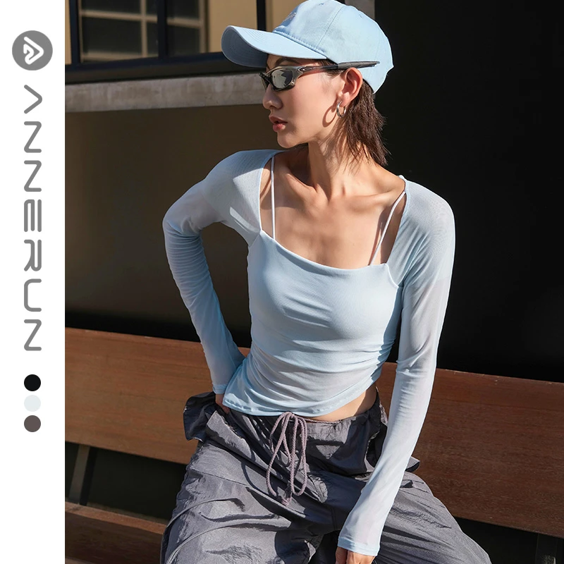 annerun瑜伽服假两件上衣网纱固定杯带胸垫运动外穿跑步健身长袖