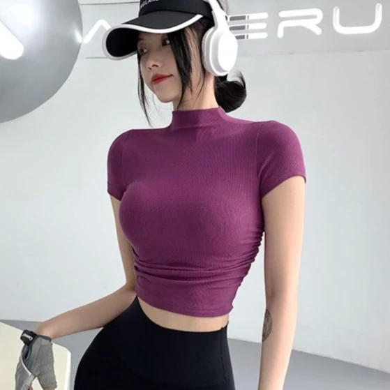 annerun短袖T恤健身修身显瘦纯欲风辣妹半高领褶皱运动紧身上衣