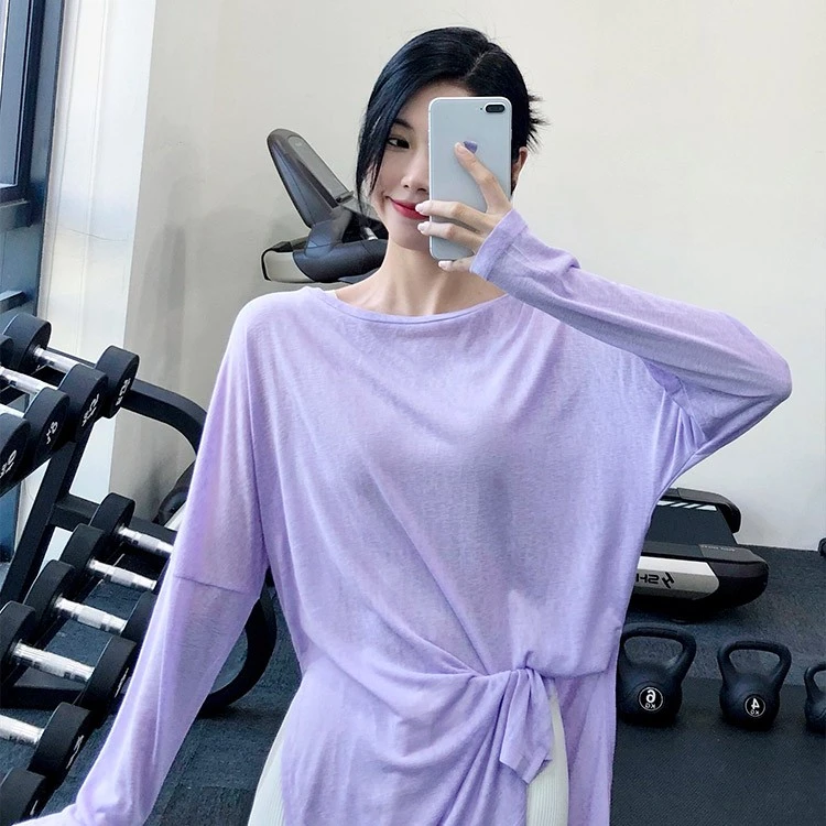 annerun运动罩衫女宽松健身上衣速干双侧开叉遮肉显瘦长袖瑜伽服