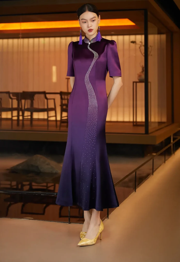 17908六礼深紫色进口烫钻鱼尾裙