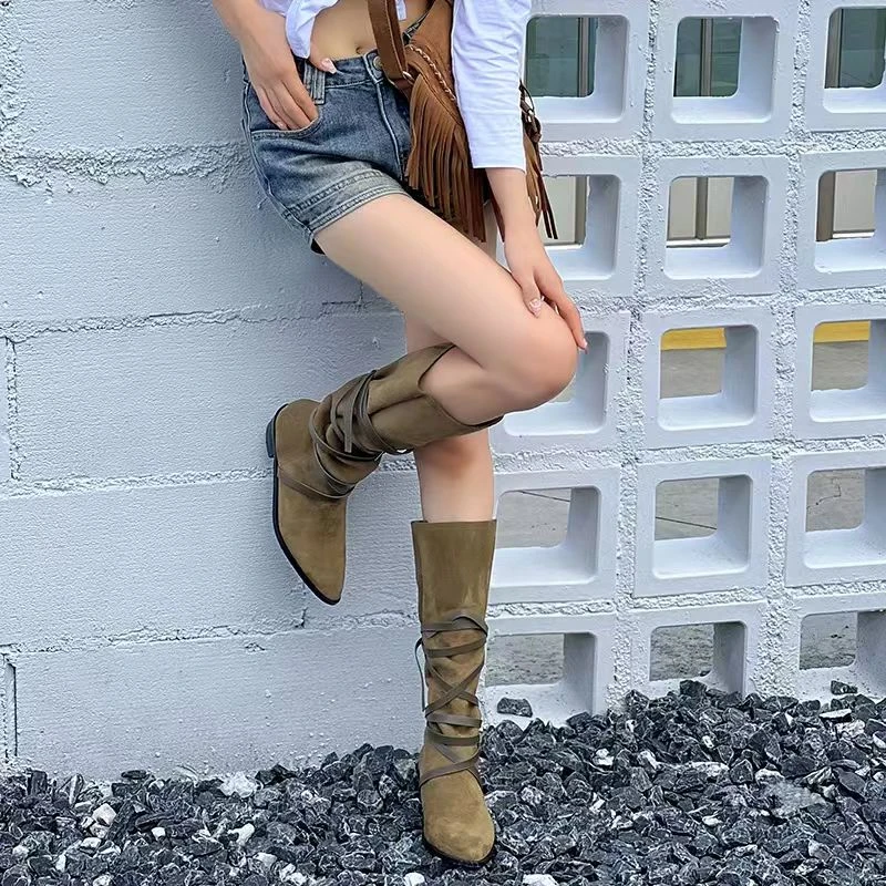 【907】堆堆靴女2024新款西部牛仔靴百搭尖头套筒骑士靴女7171-01