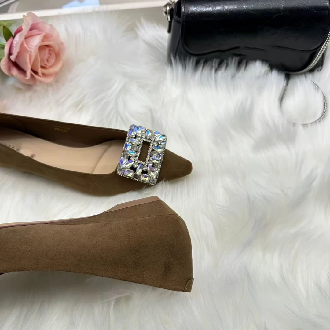 【320】平底气质水钻尖头黑色单鞋新款法式平底单鞋