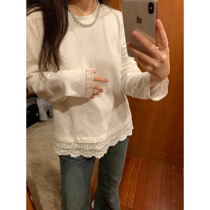 花总吖【搭配高手】初秋新款花边拼接宽松打底T恤R424Y15980