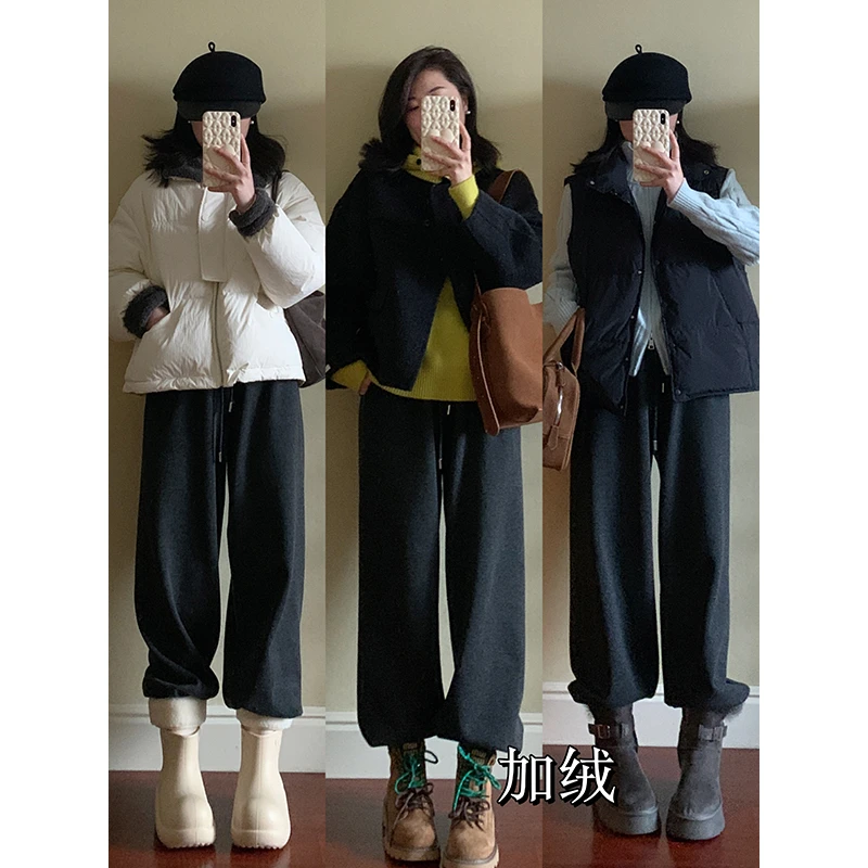 花总吖【暖暖羊羔裤】秋冬款慵懒感松弛百搭加绒束脚卫裤R424K19362