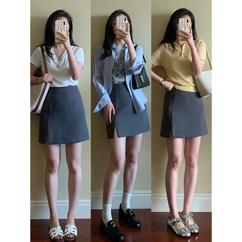 【现货款】花总吖【格雷半裙】韩系简约随性复古开衩短半裙R424G02922