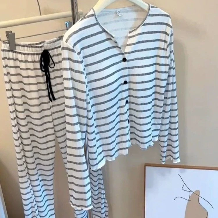 新款条纹莫代尔睡衣女春秋带胸垫甜美简约长袖开衫家居服可外穿