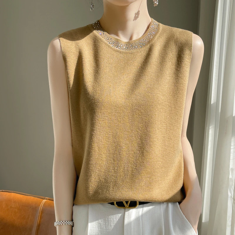 2024春季西装内搭气质圆领女背心打底衫无袖毛衣大码针织吊带镶钻