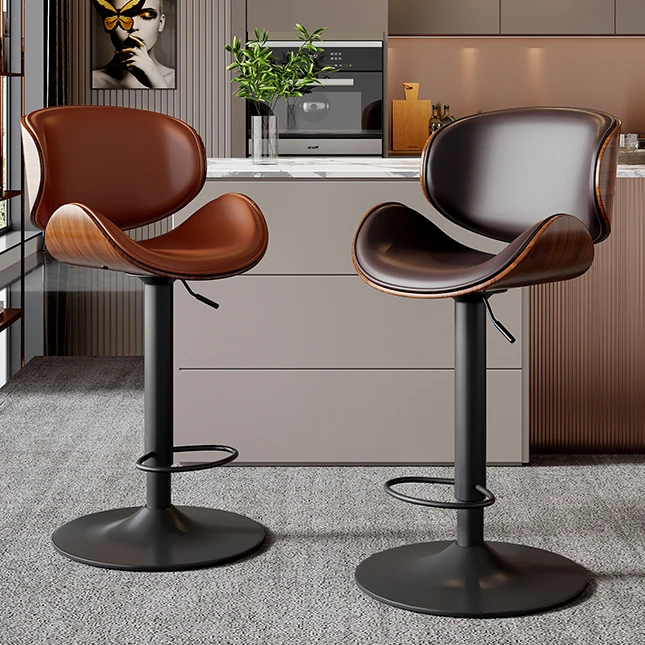 吧台椅升降现代简约铁艺轻奢靠背高脚凳子家用生态皮吧台凳前台椅