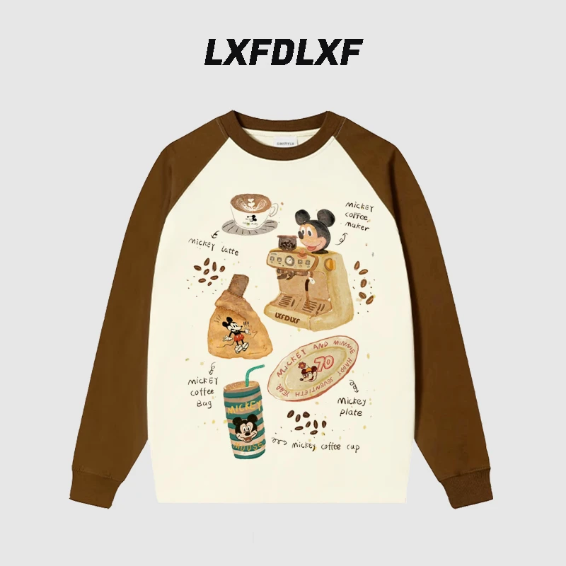 断码清 【coffee米鼠】 棕拼杏插肩直喷工艺300G长袖T恤女男情侣款