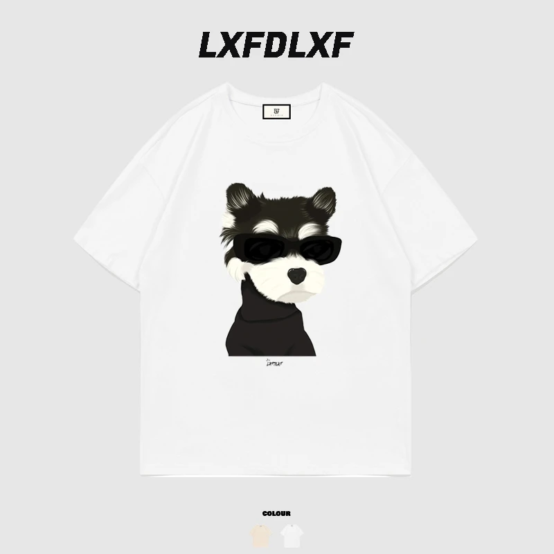 清【墨镜狗】男女同款 LXF直喷工艺白色短袖t恤宽松情侣款夏季