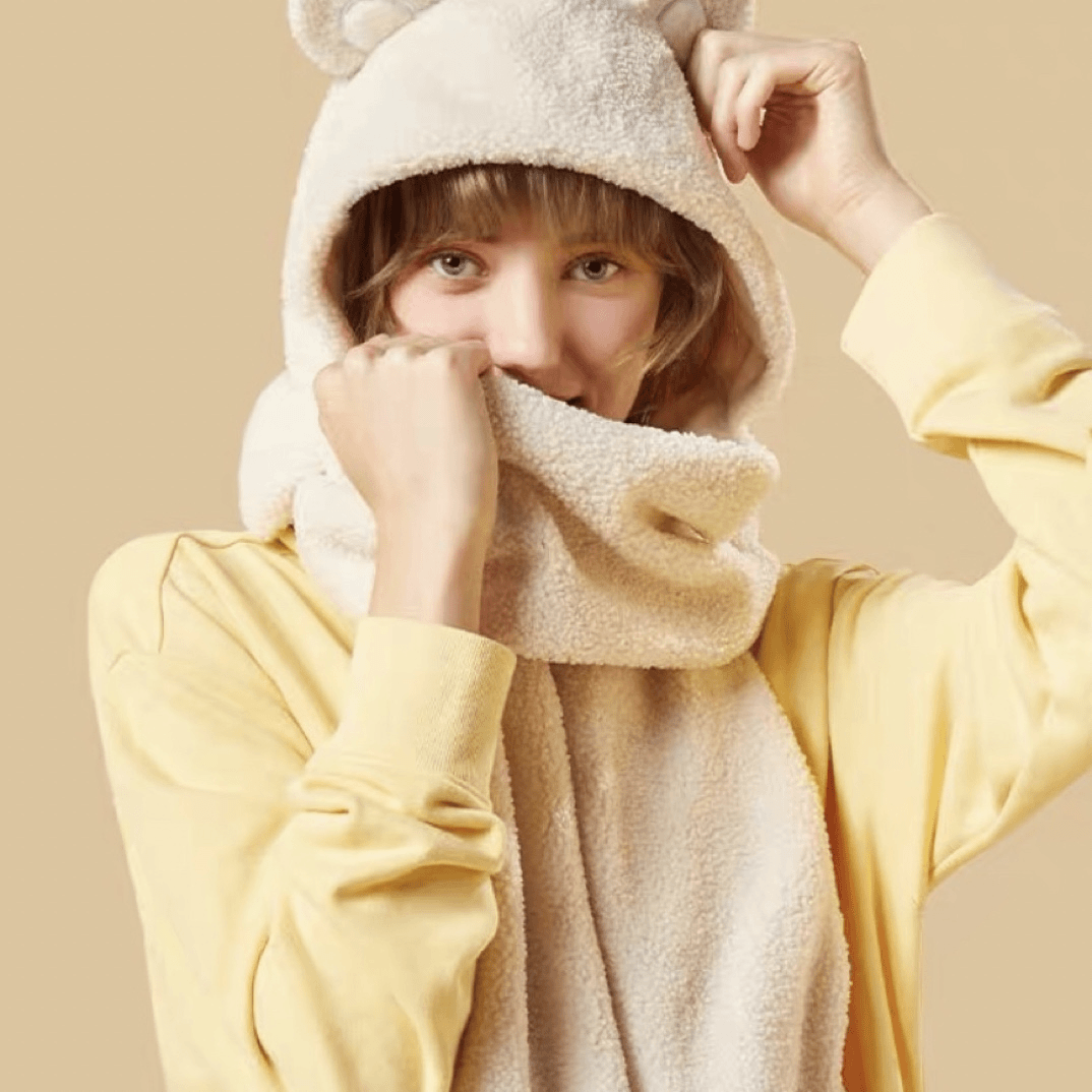 冬季加厚可爱熊抱围巾一体小熊帽子女秋冬可爱毛绒护耳朵围脖加厚