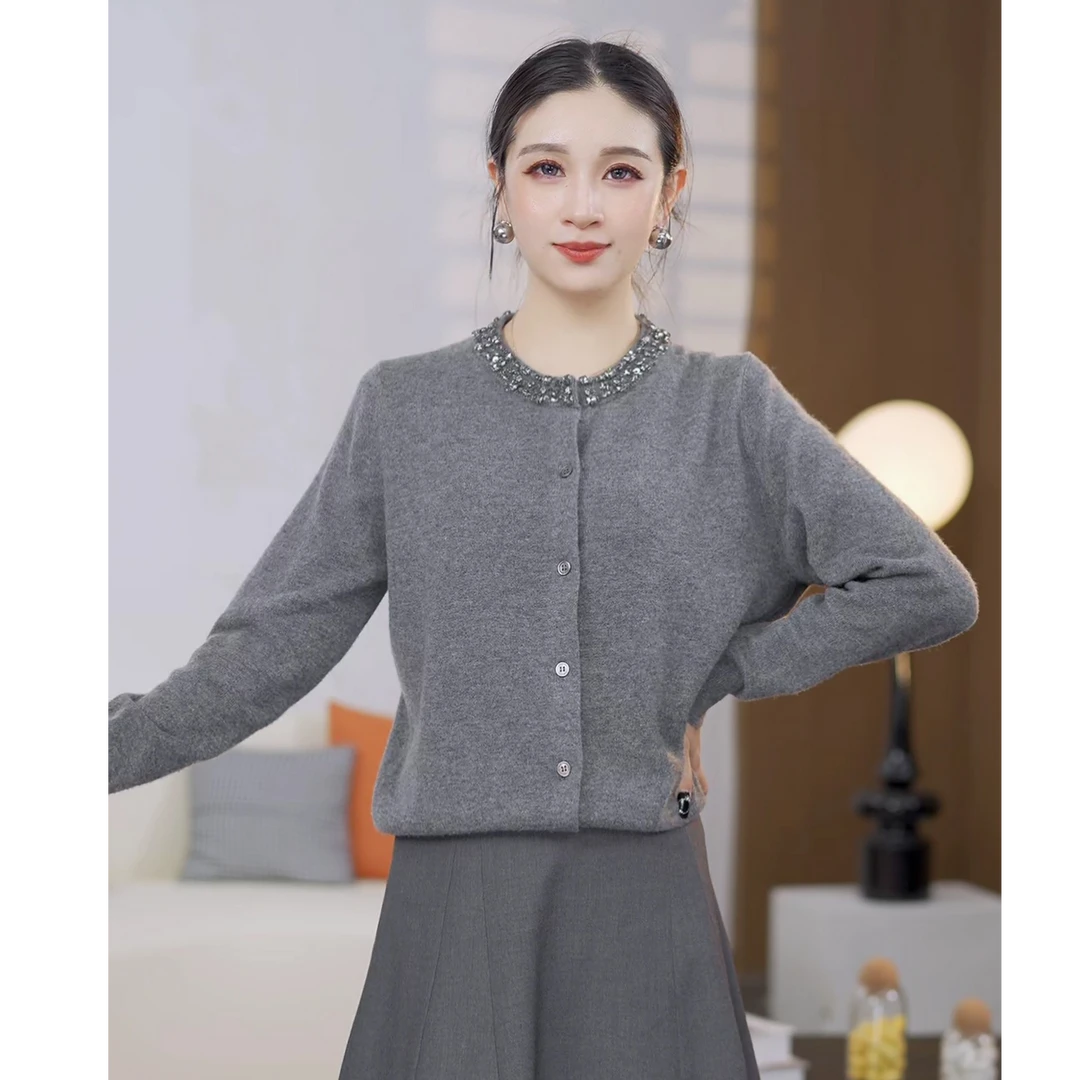 【阿拉善100%山羊绒】纯羊绒圆领针织衫钉珠气质纯色针织开衫 CS999