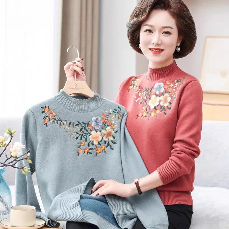 妈妈装秋冬一体绒毛衣女内搭洋气保暖上衣中老年人加绒加厚打底衫