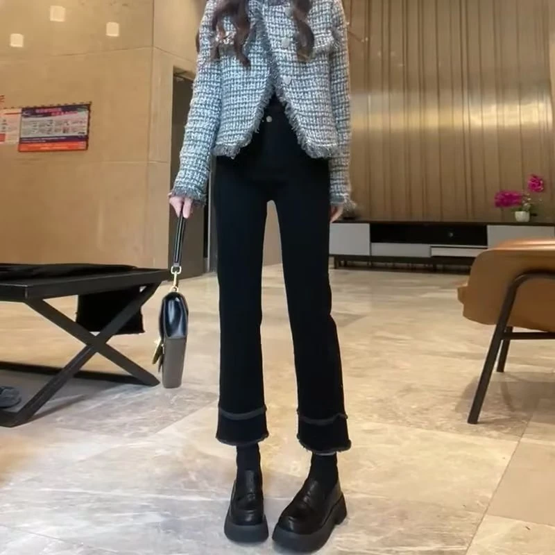 春秋深色原宿九分裤女加厚微喇裤简约潮流慵懒文艺牛仔裤流行新款