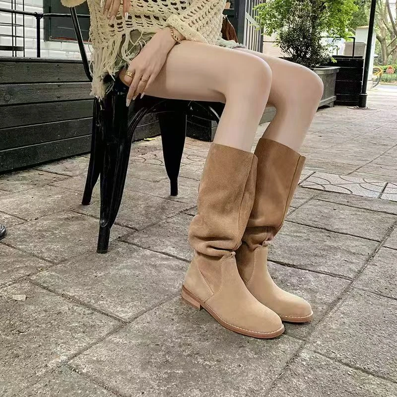 【906】韩版宽松平跟堆堆靴显瘦皱皱靴圆头春秋单靴高筒长靴6003