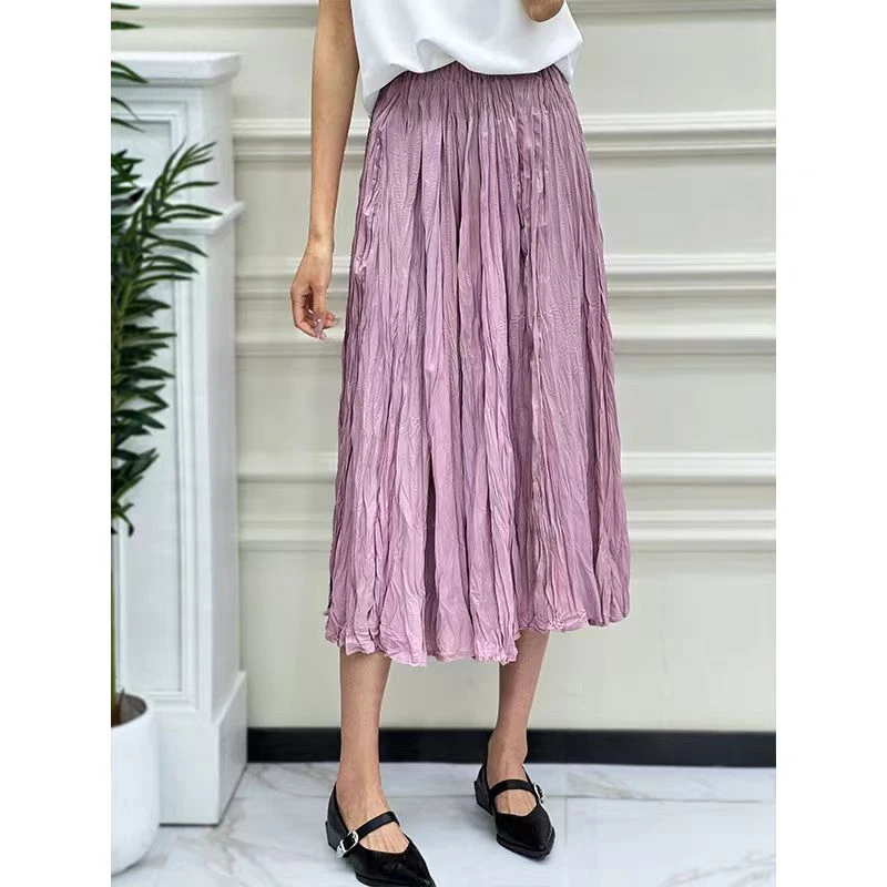 ANYUMO/安妤茉80102新款褶皱半裙中长款高腰显瘦纯色百搭时尚女