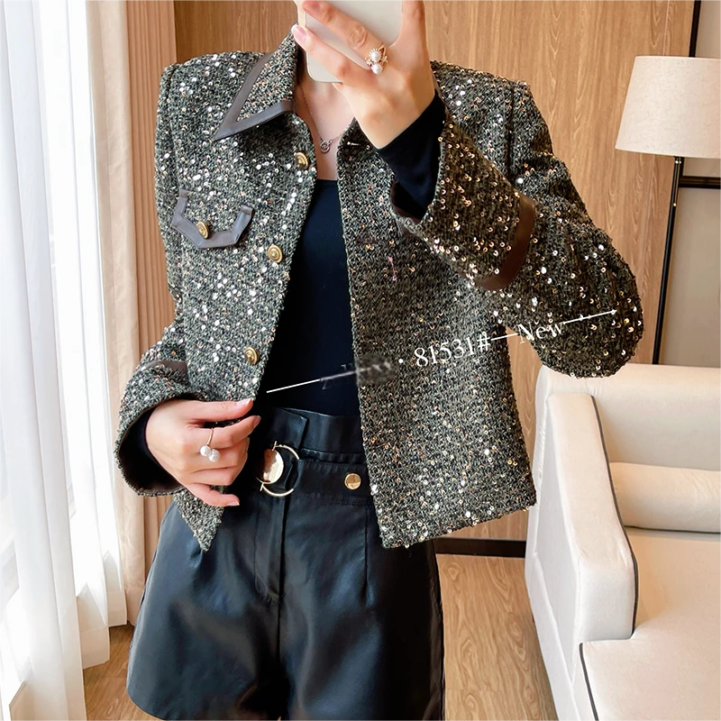 ANYUMO/安妤茉81531秋冬翻领亮片拼接小香风外套时尚优雅女