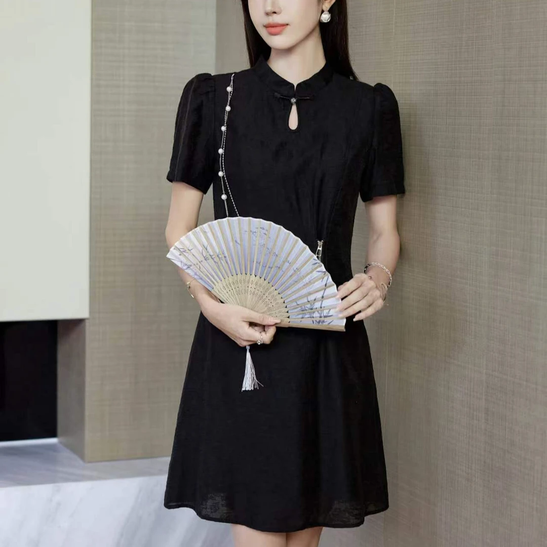 ANYUMO/安妤茉330新款国风改良珠串连衣裙立领时尚新中式小个子女