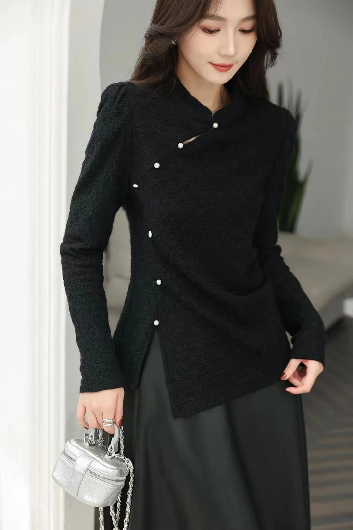 ANYUMO/安妤茉101秋冬新款新中式开叉长袖小衫时尚设计感女士