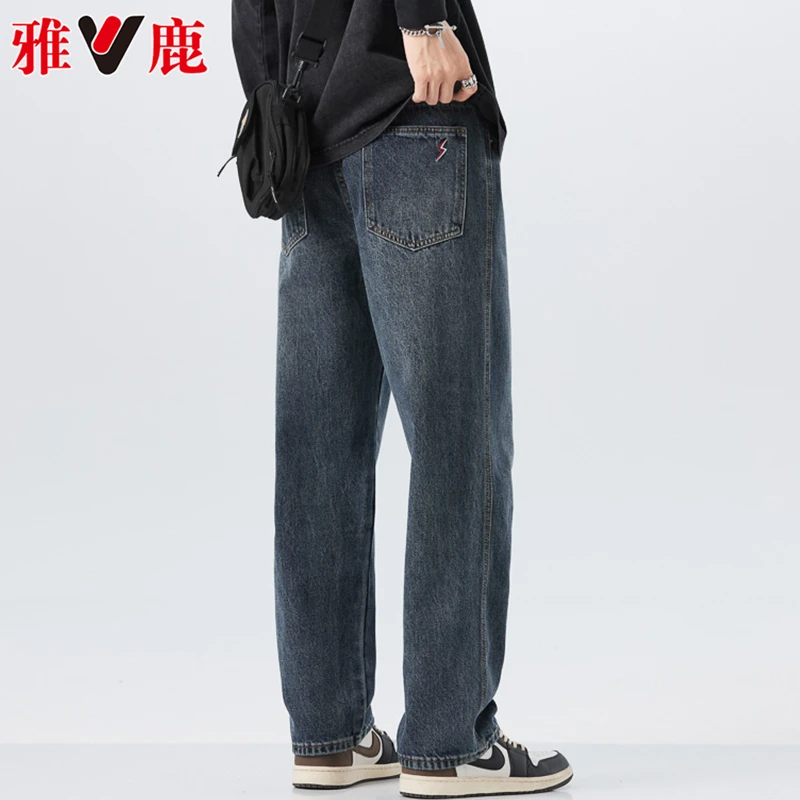 V/雅鹿宽松美式高街春秋季2023新款直筒牛仔裤阔腿休闲复古长裤子