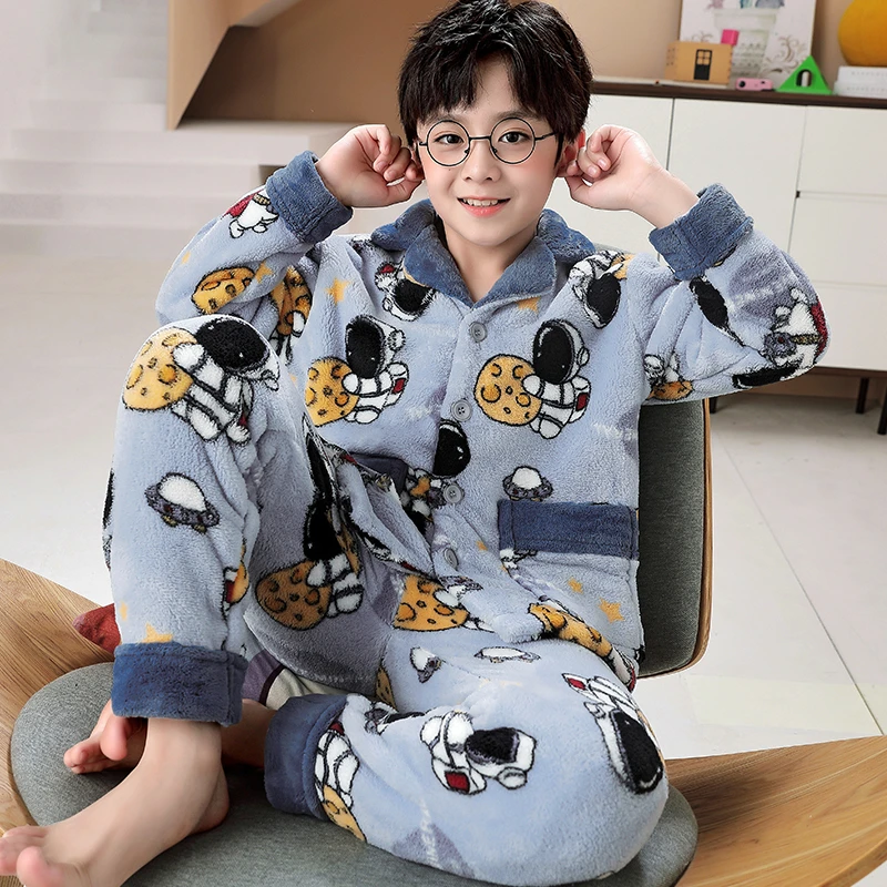 2023新款男童睡衣秋冬季珊瑚绒加厚儿童小男孩法兰绒青少年家居服