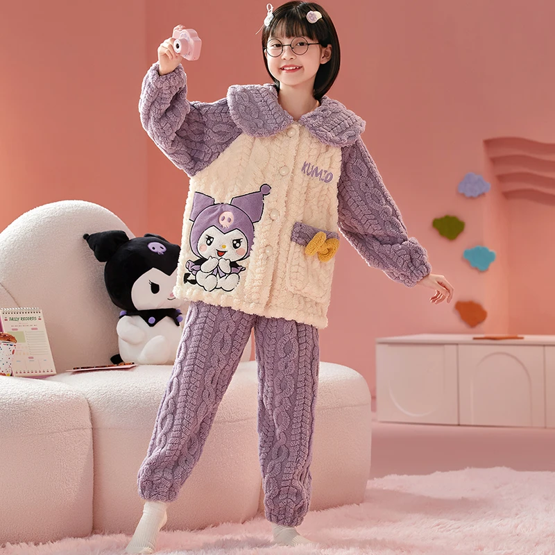 女童珊瑚绒加厚睡衣女孩秋冬季甜美宽松可外穿中大童法兰绒家居服