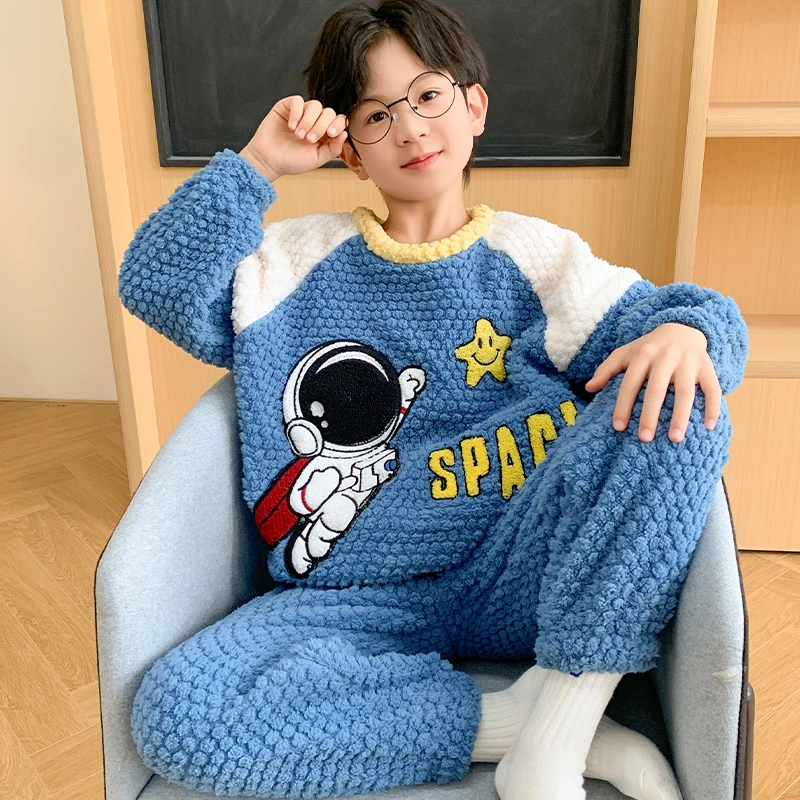 儿童珊瑚绒睡衣男童秋冬季加绒加厚法兰绒小学生中大童家居服套装