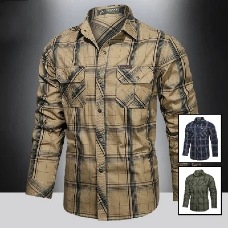 格子纯棉多口袋工装衬衫男士长袖春秋季户外时尚休闲宽松格纹衬衣