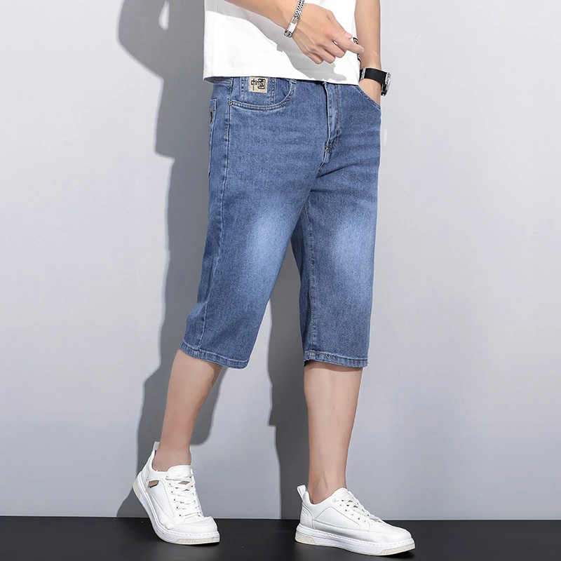 夏季薄款牛仔七分裤男士弹力棉刺绣宽松直筒休闲牛仔裤潮流新款